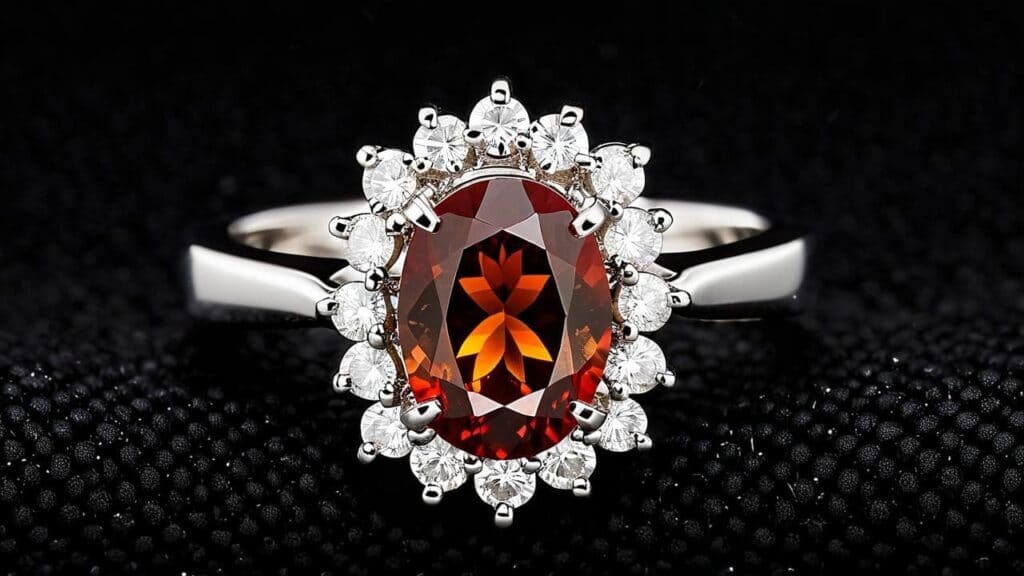 White gold ring featuring an oval spessartine garnet center stone surrounded by a diamond halo, elegant fine jewelry design.