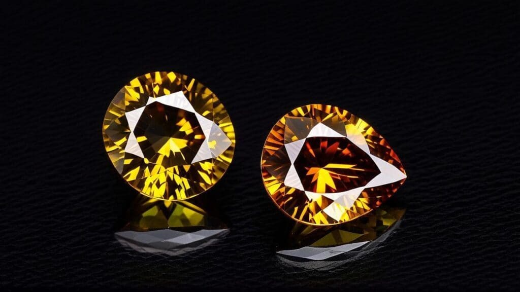 Two sphalerite gemstones, one round-cut and one pear-cut, reflecting vibrant yellow and orange tones with exceptional fire and dispersion.
