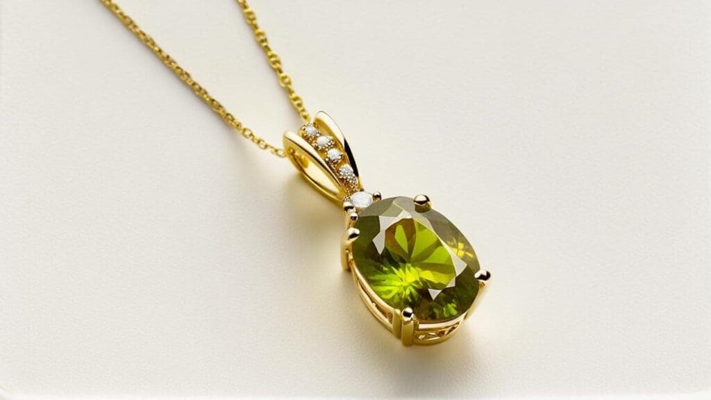 Oval-cut sphene pendant in yellow gold with diamond accents showcasing vibrant yellow-green brilliance