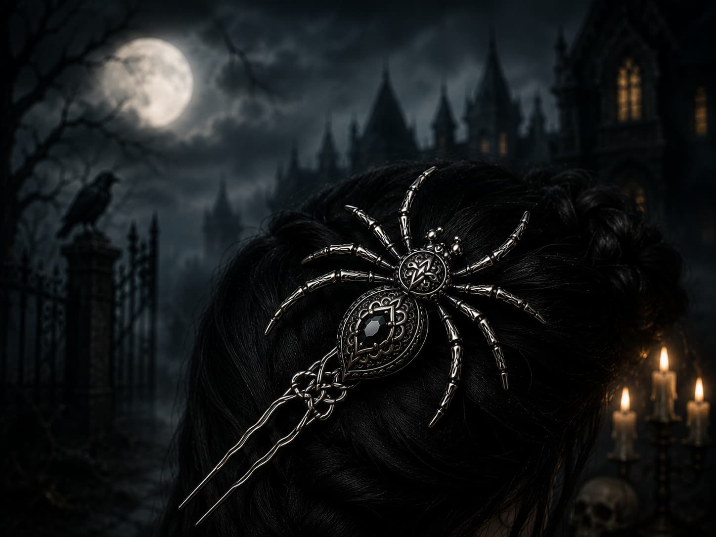 Silver spider hairpin with black gemstone accent styled in dark hair against a gothic castle backdrop