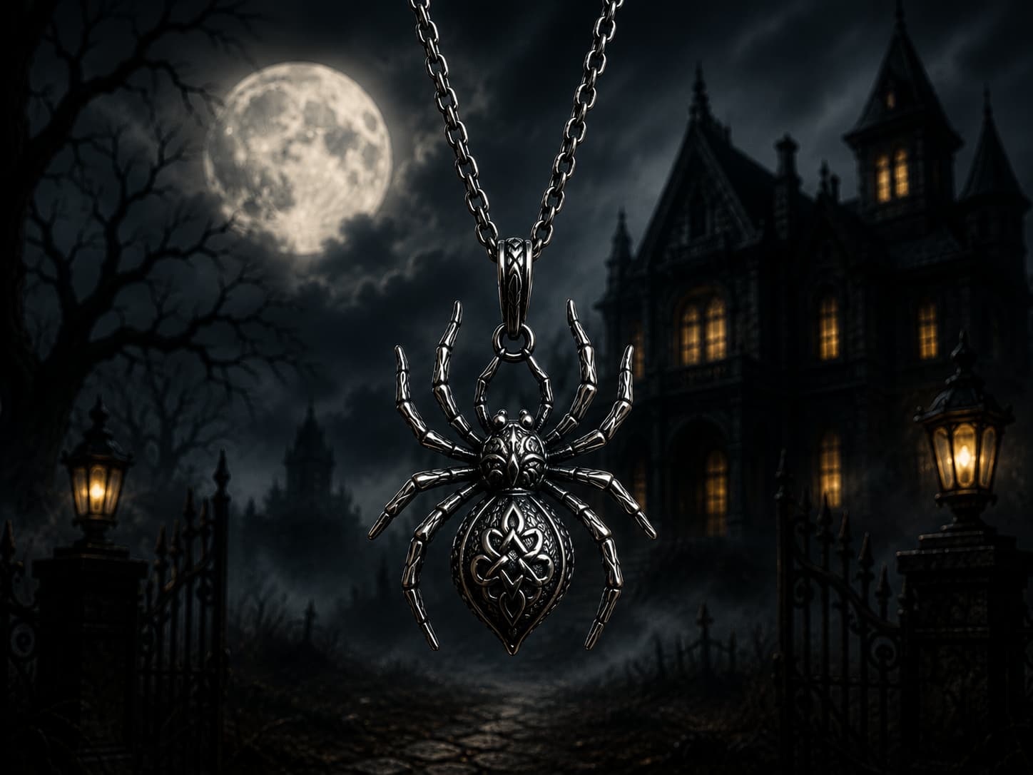 Silver spider pendant necklace hanging in front of a gothic mansion under a full moon
