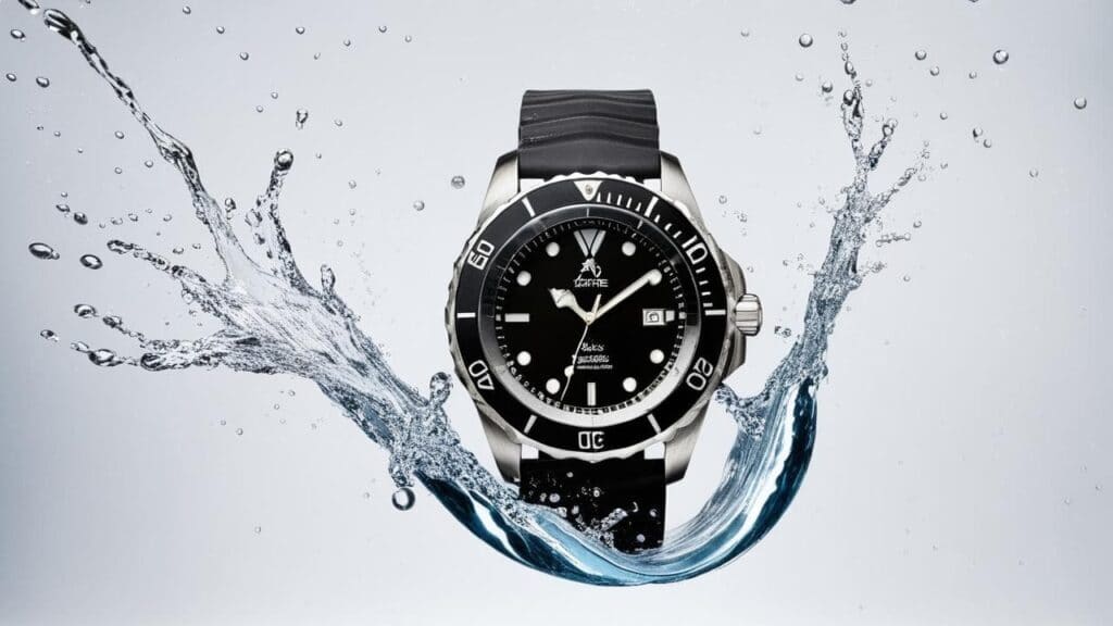 Premium sports diving watch with unidirectional bezel and luminous markers surrounded by water splash and droplets highlighting waterproof construction and diving functionality