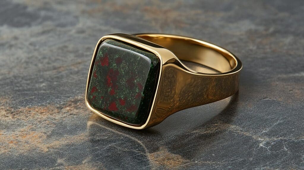 Square-shaped bloodstone set in a sleek gold ring, featuring a deep green background with vivid red marks.