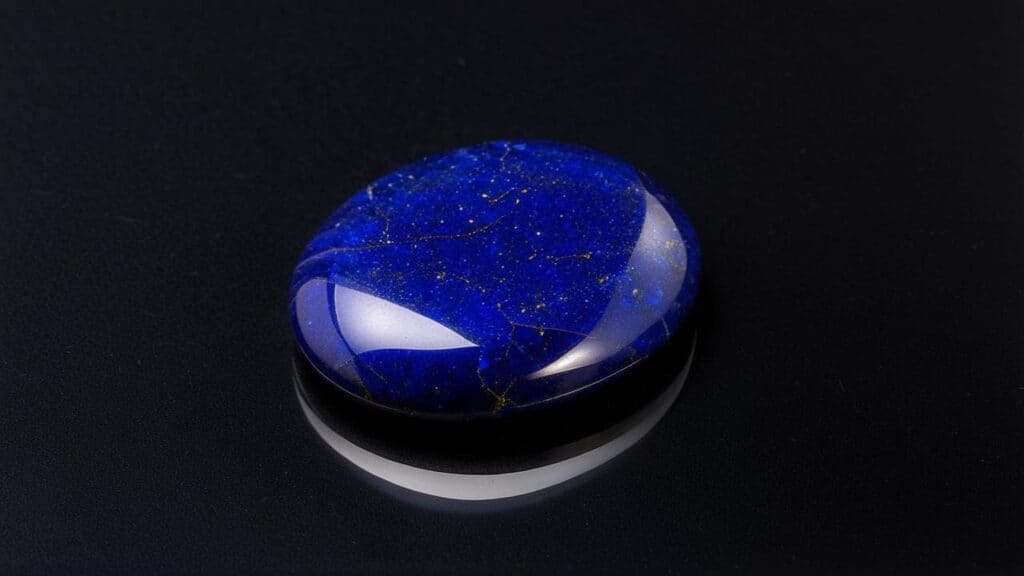 Oval-shaped lapis lazuli gemstone with deep blue color and golden pyrite inclusions, often stabilized for improved durability.
