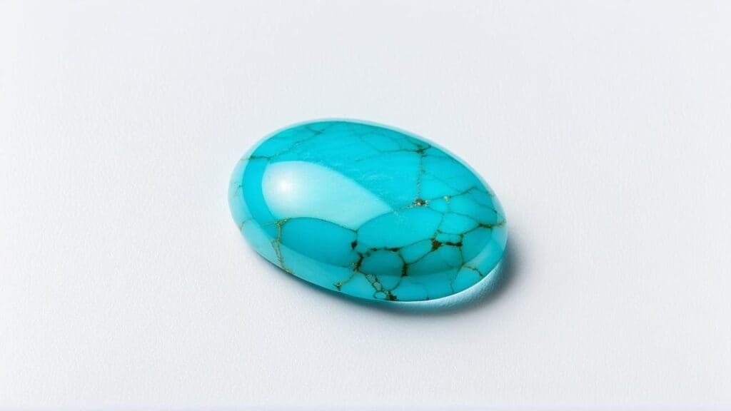 Bright blue turquoise gemstone with natural veining, a stone that is often stabilized to enhance hardness and color stability.