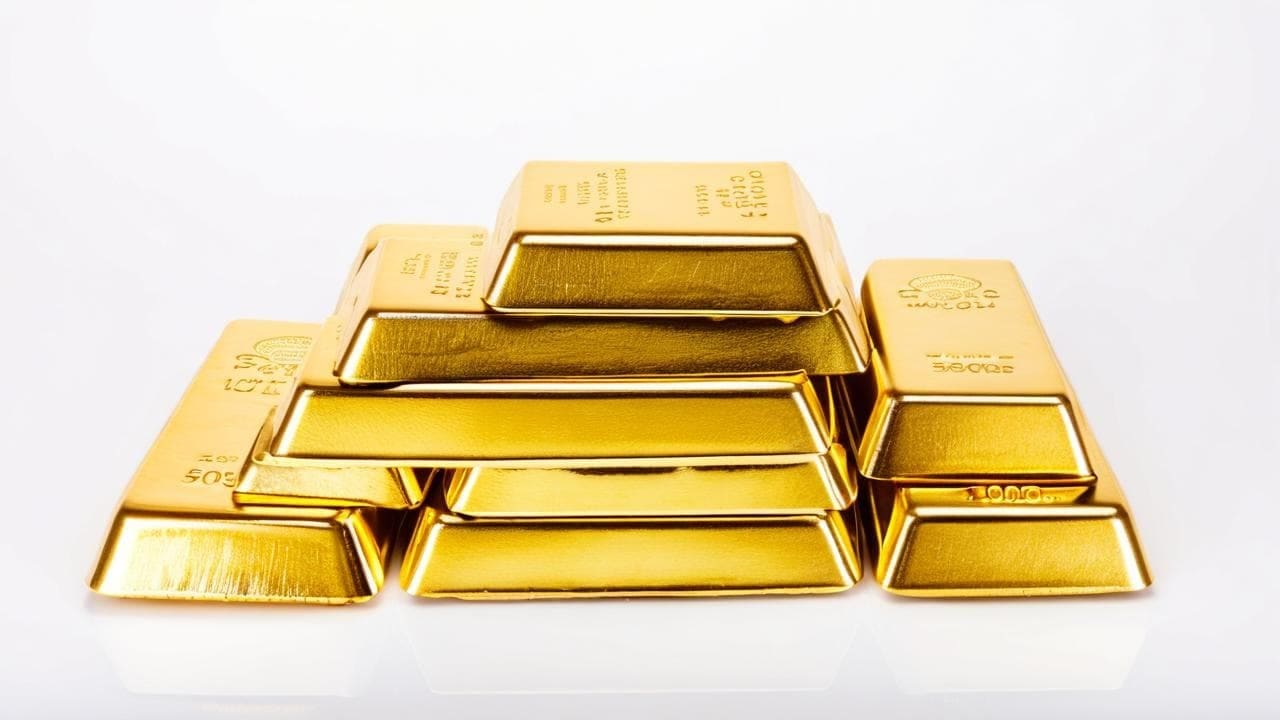 Pyramid stack of polished gold bullion bars on a white background