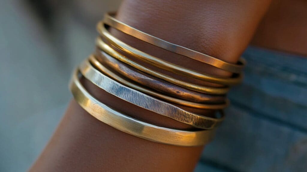 A stack of textured brass bangles with warm golden hues, worn on a wrist, showcasing the versatility and elegance of brass jewelry.