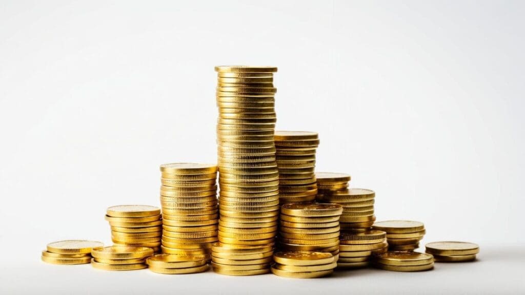 Stacks of gold coins arranged in varying heights to represent currency and historical value