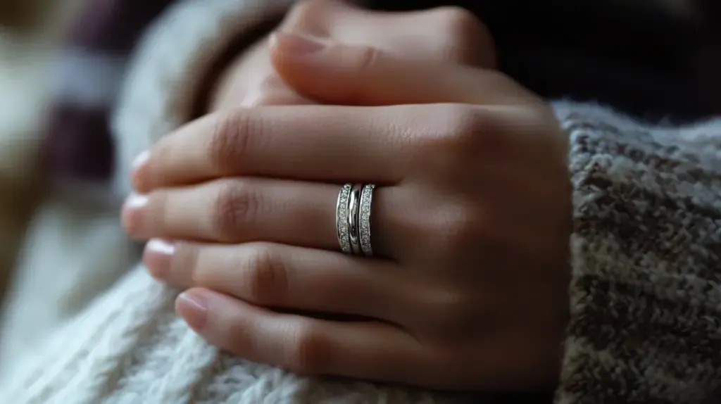 Stacked platinum and white gold rings placed side by side
