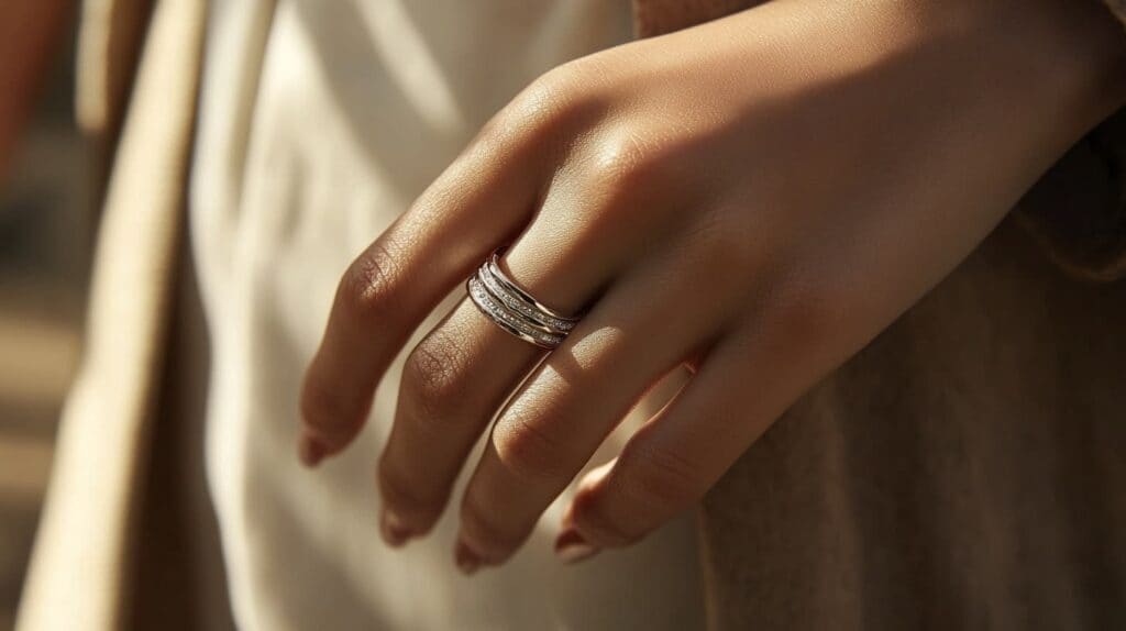 Hand wearing stacked platinum rings with diamond accents, highlighting the hypoallergenic and elegant qualities of platinum jewelry.