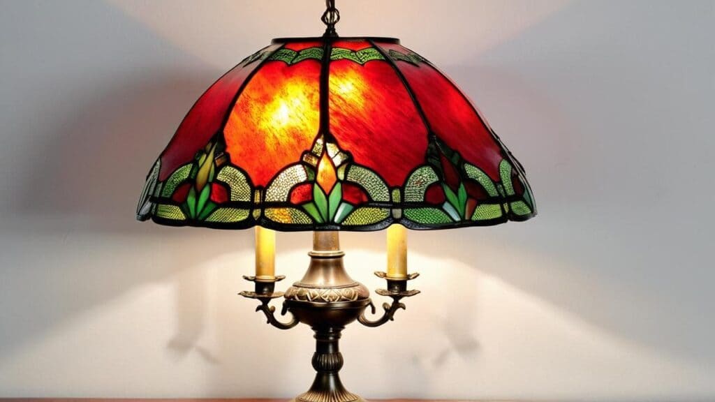 Stained glass lamp featuring transparent colored glass sections similar to plique-à-jour jewelry technique