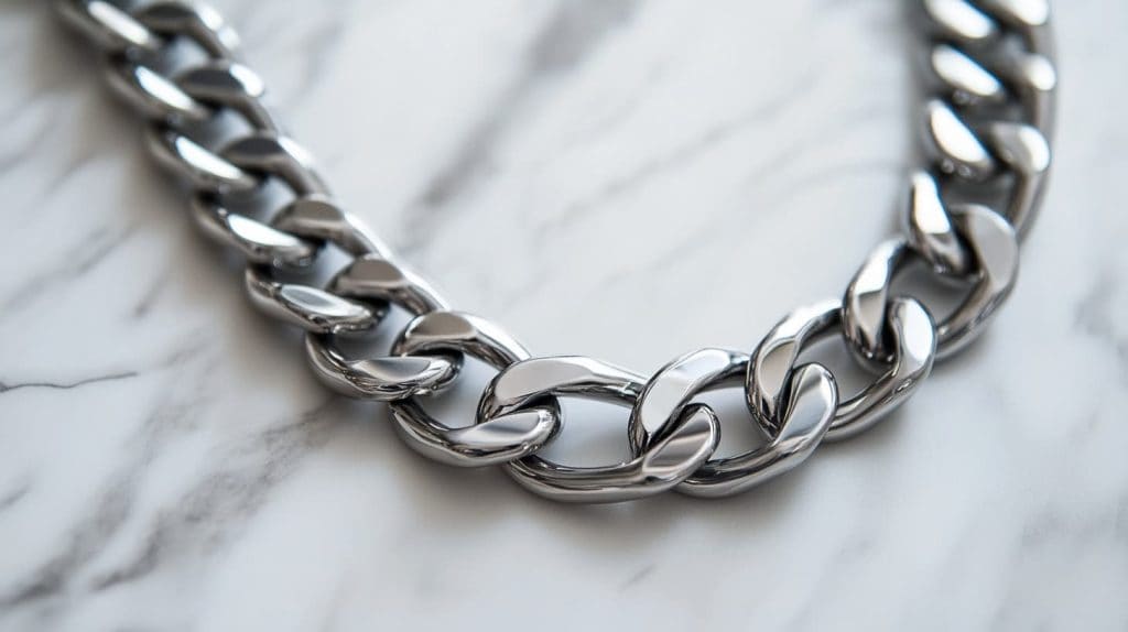 Bold stainless steel chain necklace with a polished finish resting on a marble surface, perfect for contemporary fashion.