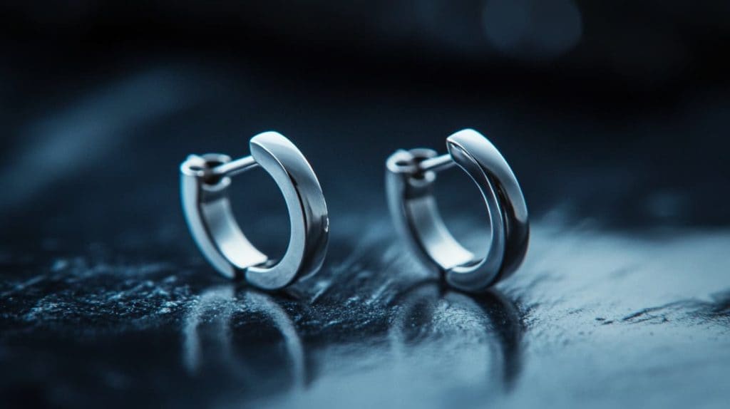 Close-up of stainless steel hoop earrings on a dark surface, showcasing sleek and modern design.