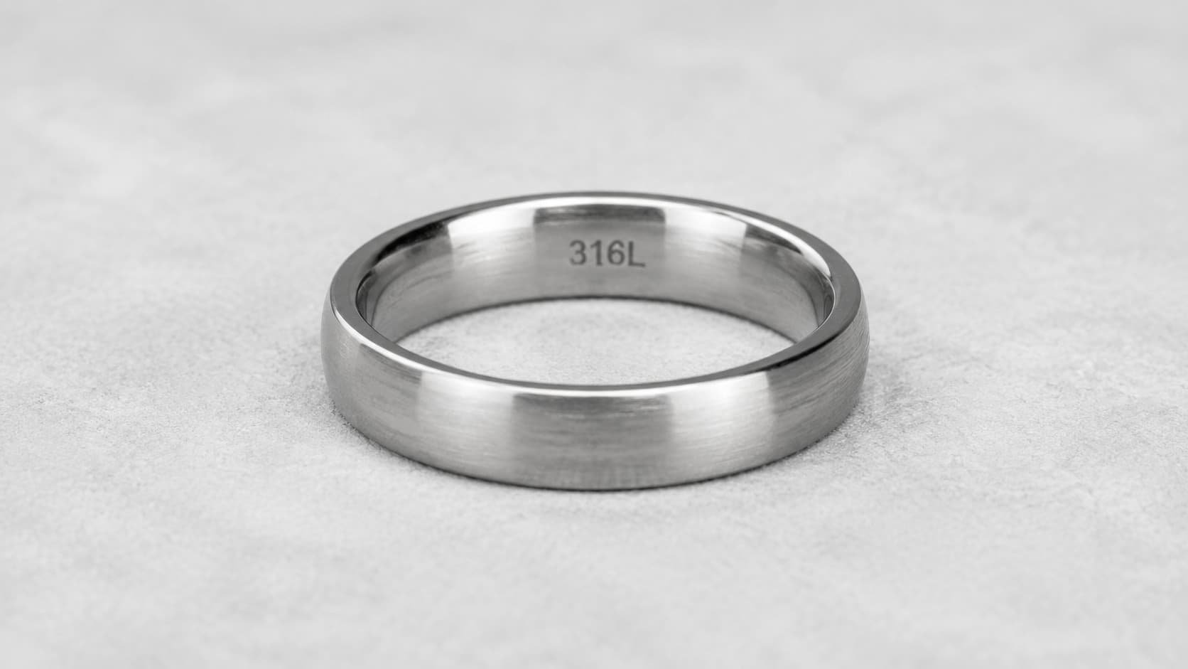 Stainless steel ring with 316L grade stamp engraved on the inside, brushed matte finish