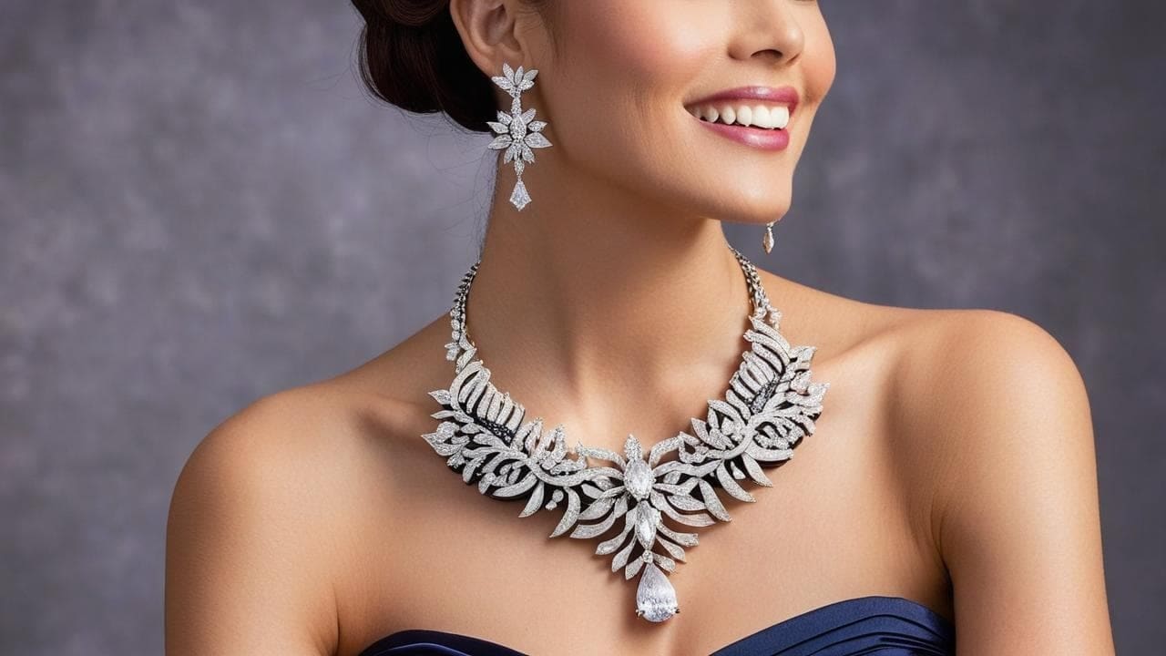 Woman in a navy gown wearing a diamond statement necklace and floral drop earrings