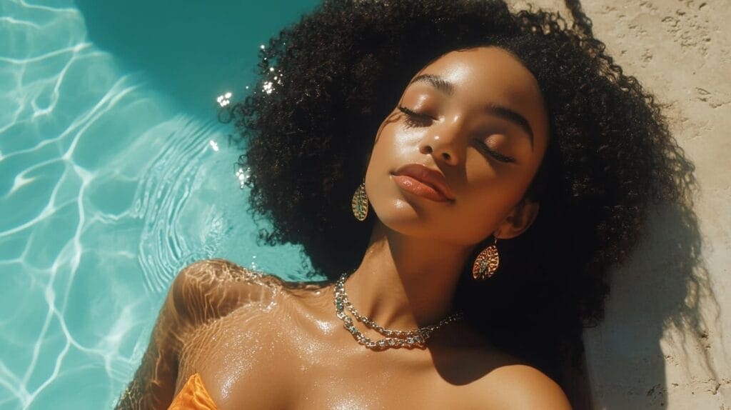 Woman relaxing by the pool wearing statement earrings and a layered necklace, showcasing summer-appropriate jewelry for poolside wear.