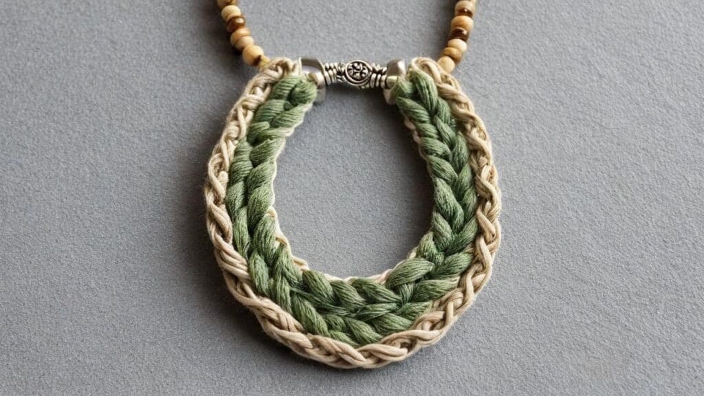 Statement hemp necklace with green and beige braided pattern and wooden beads