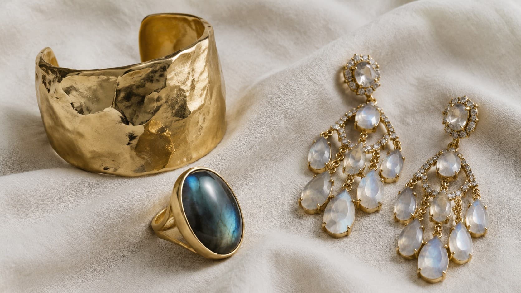 Hammered gold cuff, labradorite ring, and moonstone chandelier earrings as examples of statement jewelry