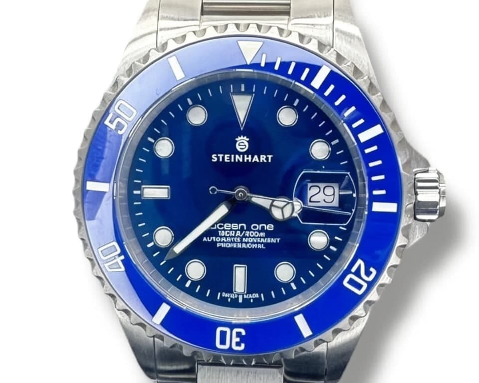 Steinhart Ocean One diver with blue dial, blue ceramic bezel and steel bracelet