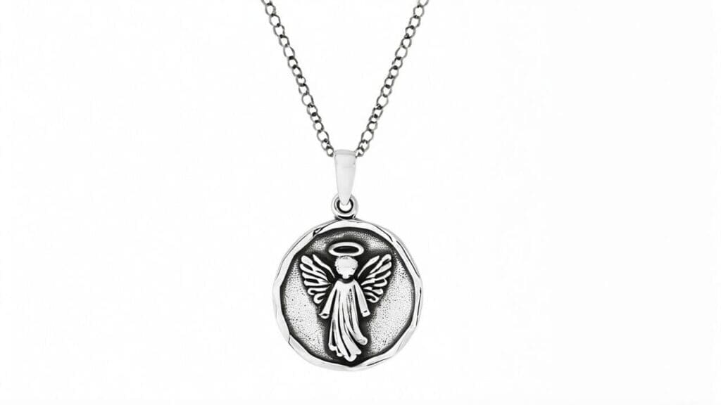 Sterling silver angel pendant necklace featuring a round medallion with a raised angel figure, halo, and detailed wings on a delicate chain.