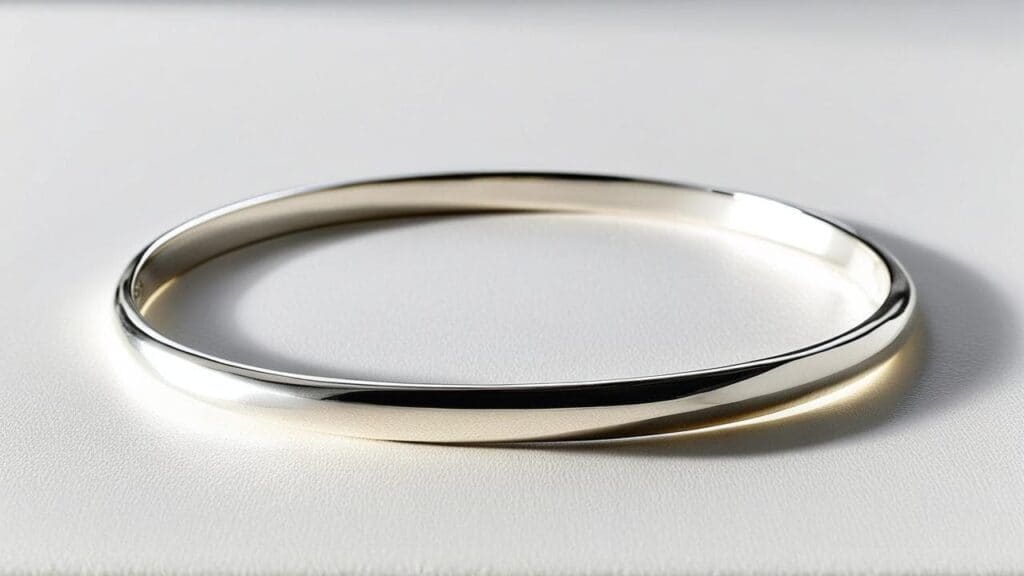 Minimalist sterling silver bangle bracelet with high-polish finish on white background