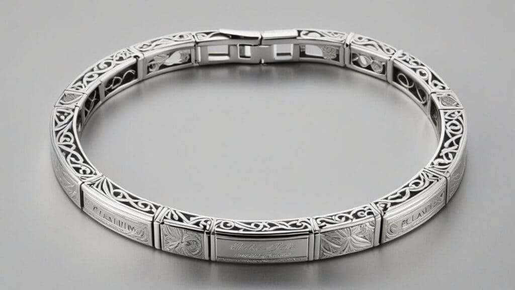 Sterling silver bracelet featuring detailed 3D engraved scrollwork and geometric patterns