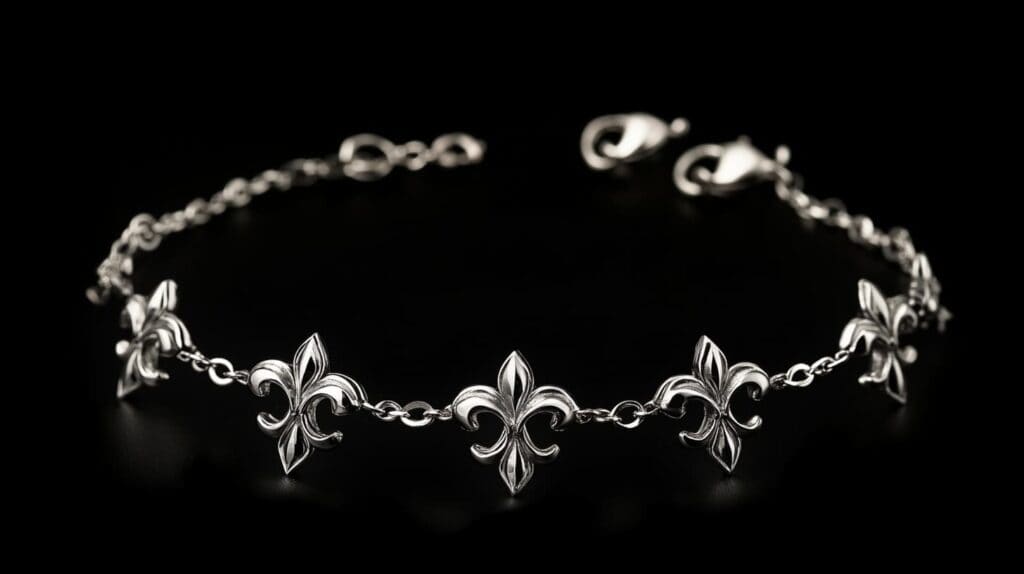Sterling silver charm bracelet featuring multiple fleur-de-lis symbols, representing loyalty and refined style.