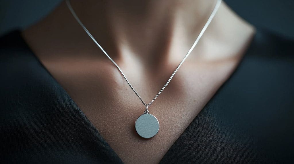 Minimalist sterling silver necklace with a round pendant, elegantly displayed on a person wearing a black top.