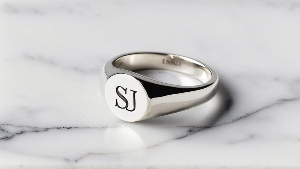 Sterling silver signet ring with SJ monogram engraving on marble surface
