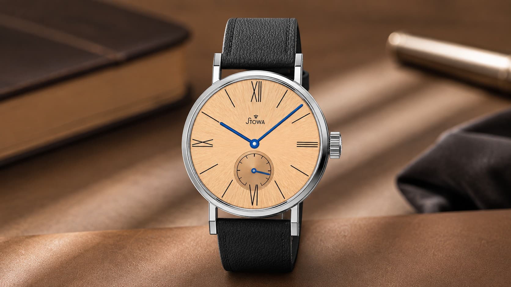 Stowa Antea Classic KS Bauhaus watch with rose gold dial and Roman numerals
