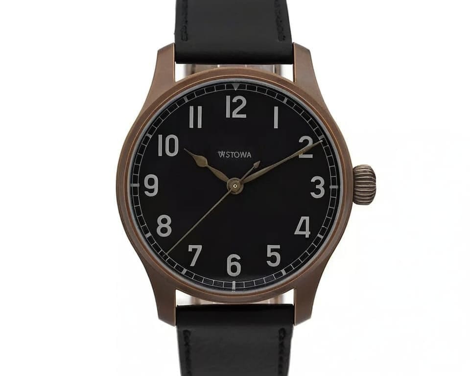 Stowa pilot watch with aged bronze case, black flieger dial and black leather strap