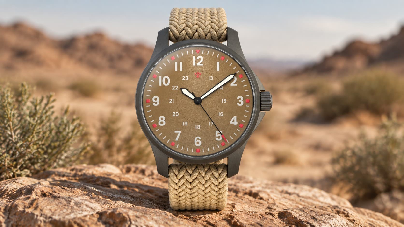 Stowa Fieldwatch Terra Desert watch with a tan dial, gray case, and braided beige strap on a desert rock