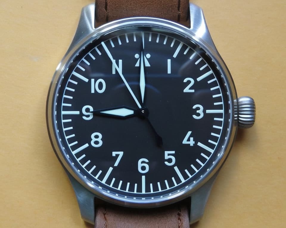 Stowa Flieger pilot watch with black dial, triangle marker at 12 o'clock, and authentic riveted leather strap representing German aviation heritage