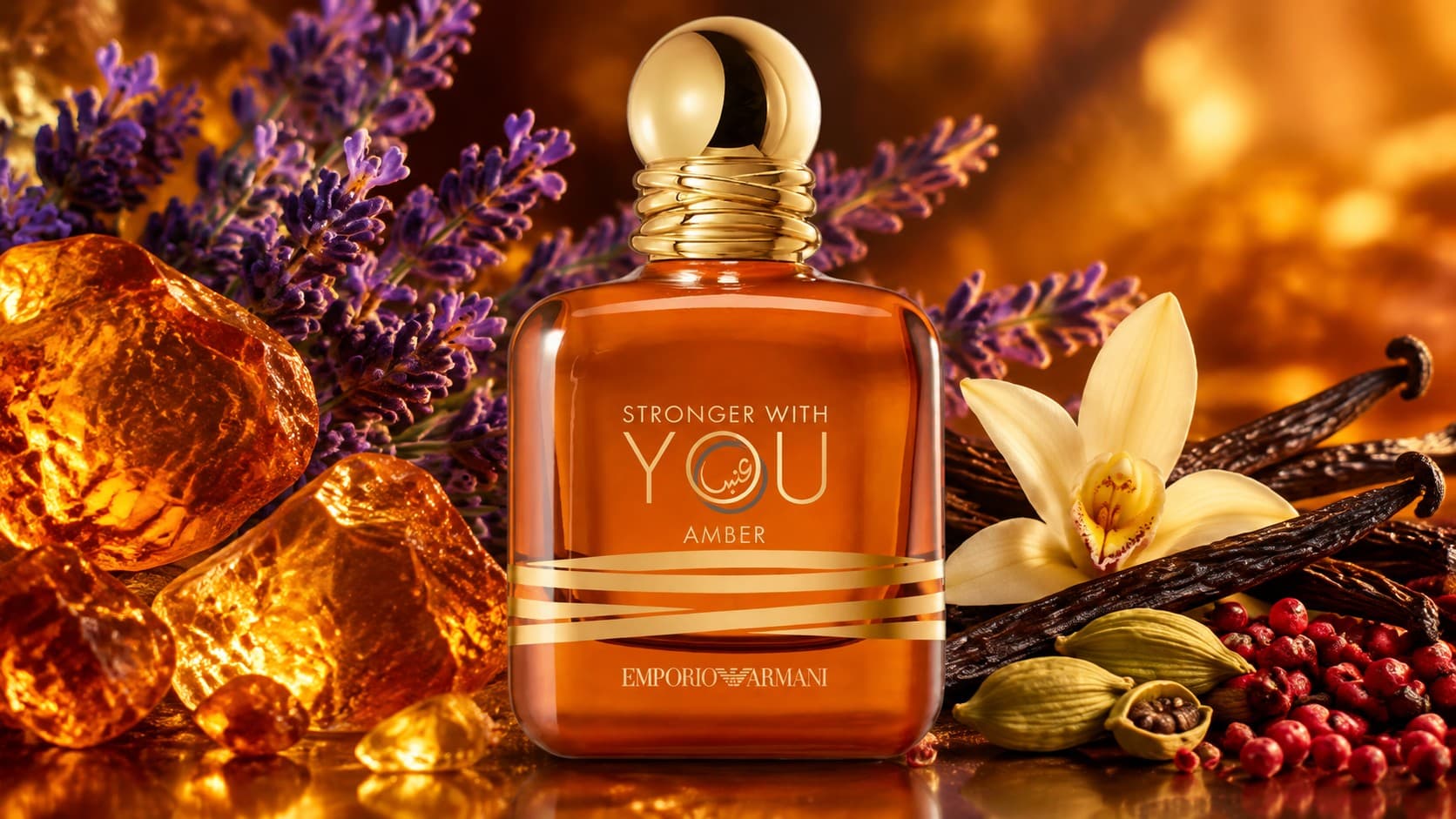 Emporio Armani Stronger With You Amber Eau de Parfum bottle with amber, lavender, and Madagascar vanilla