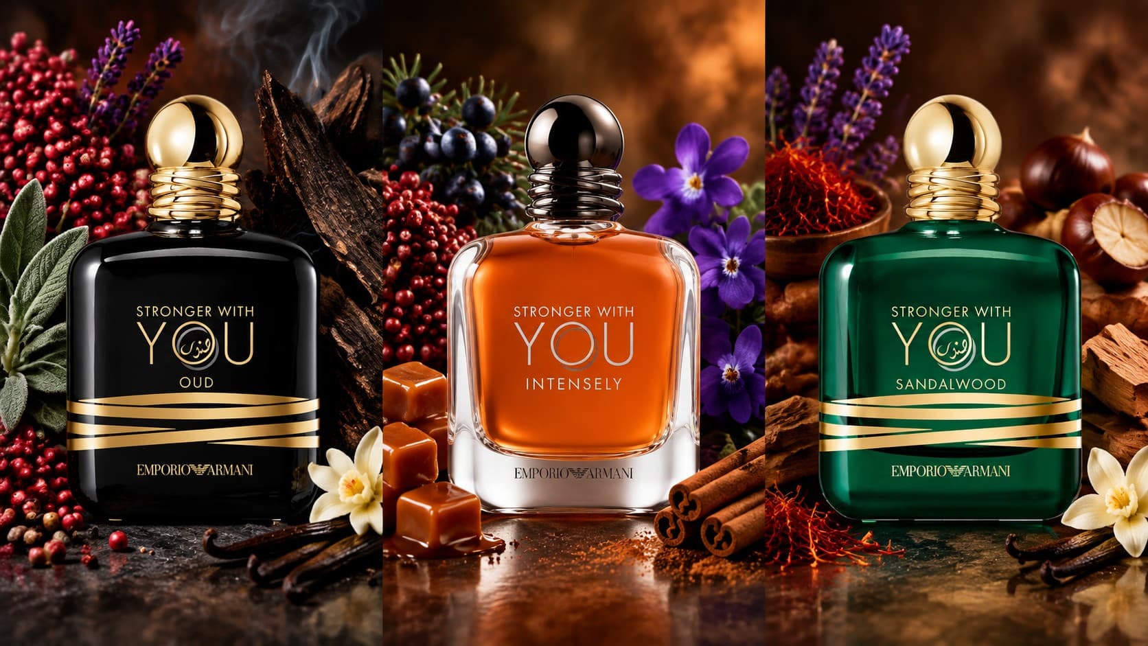 Emporio Armani Stronger With You Oud, Intensely, and Sandalwood Eau de Parfum bottles displayed together