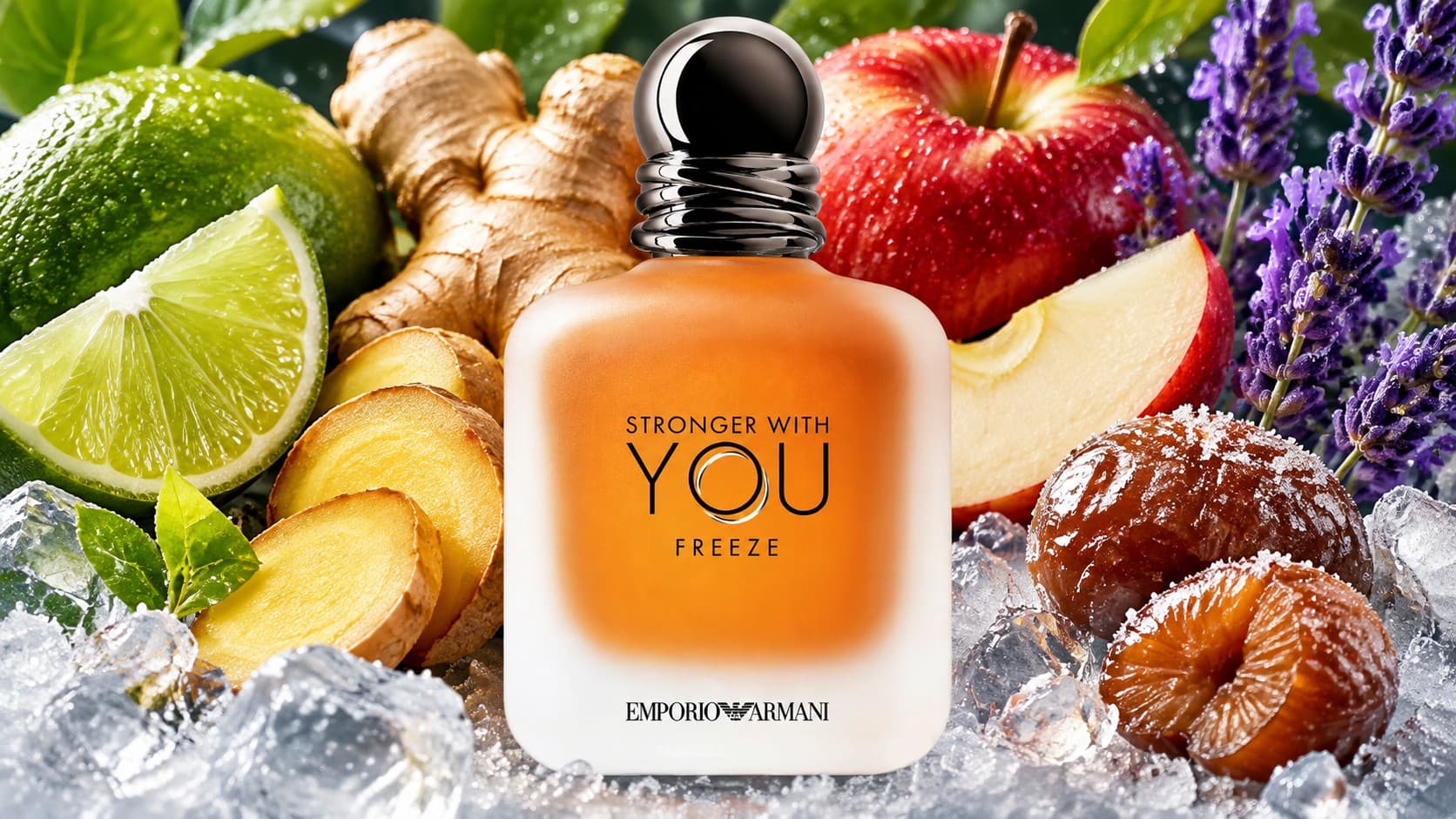 Emporio Armani Stronger With You Freeze Eau de Toilette bottle with lime, ginger, and marron glacé