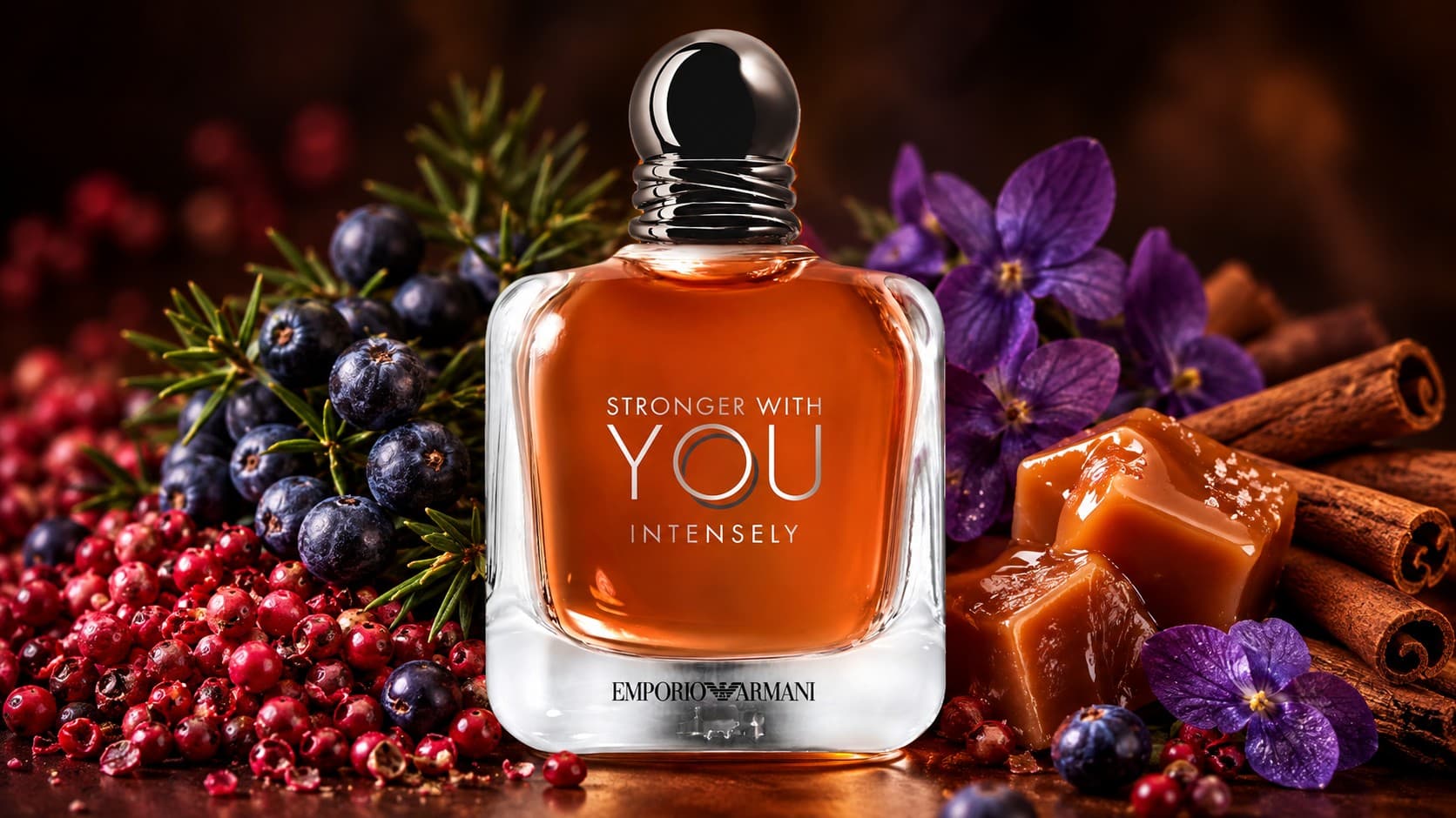 Emporio Armani Stronger With You Intensely Eau de Parfum bottle with pink pepper, toffee, and cinnamon