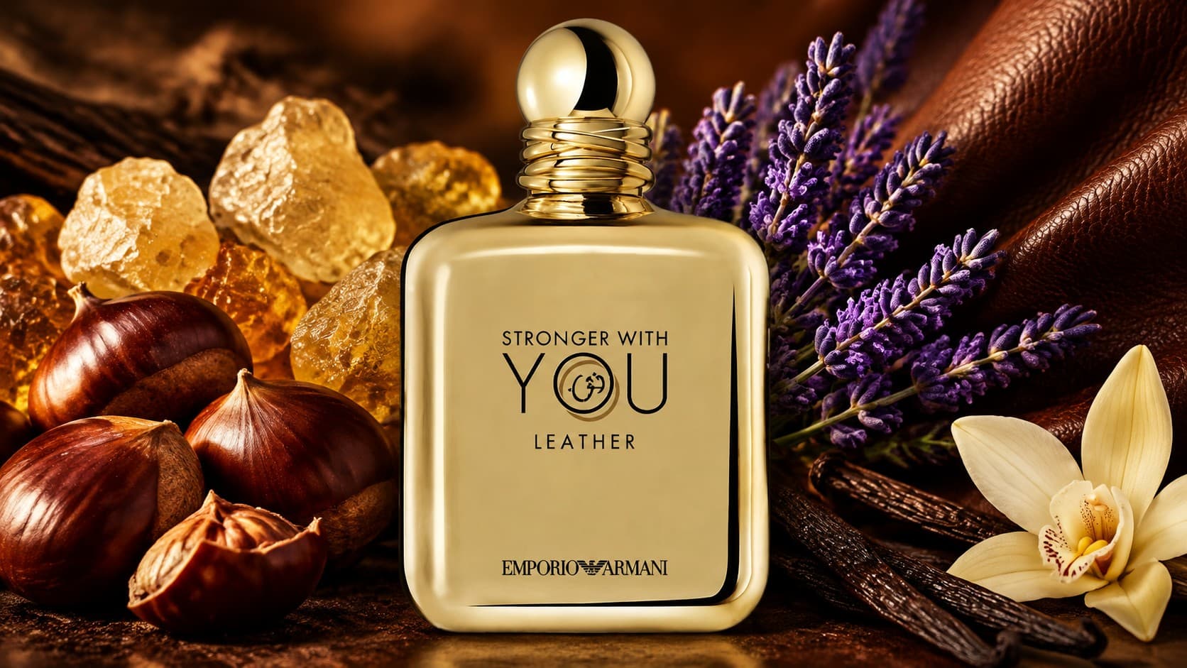Emporio Armani Stronger With You Leather Eau de Parfum bottle with chestnut, elemi, and vanilla