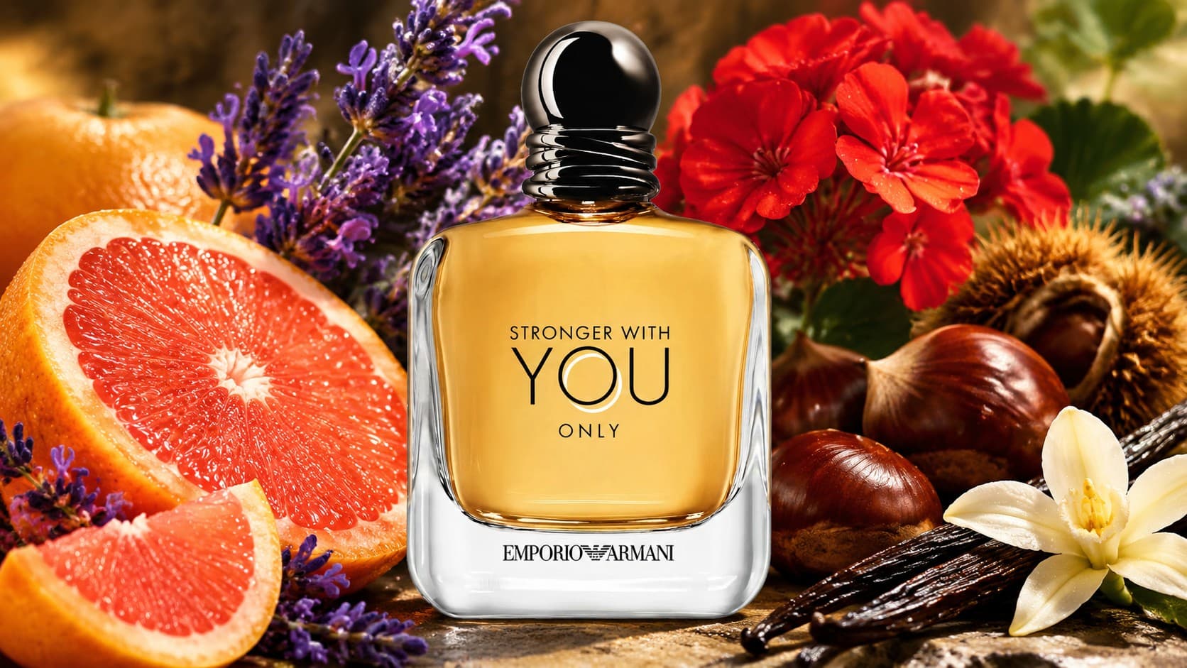Emporio Armani Stronger With You Only Eau de Toilette bottle with grapefruit, lavender, and chestnut