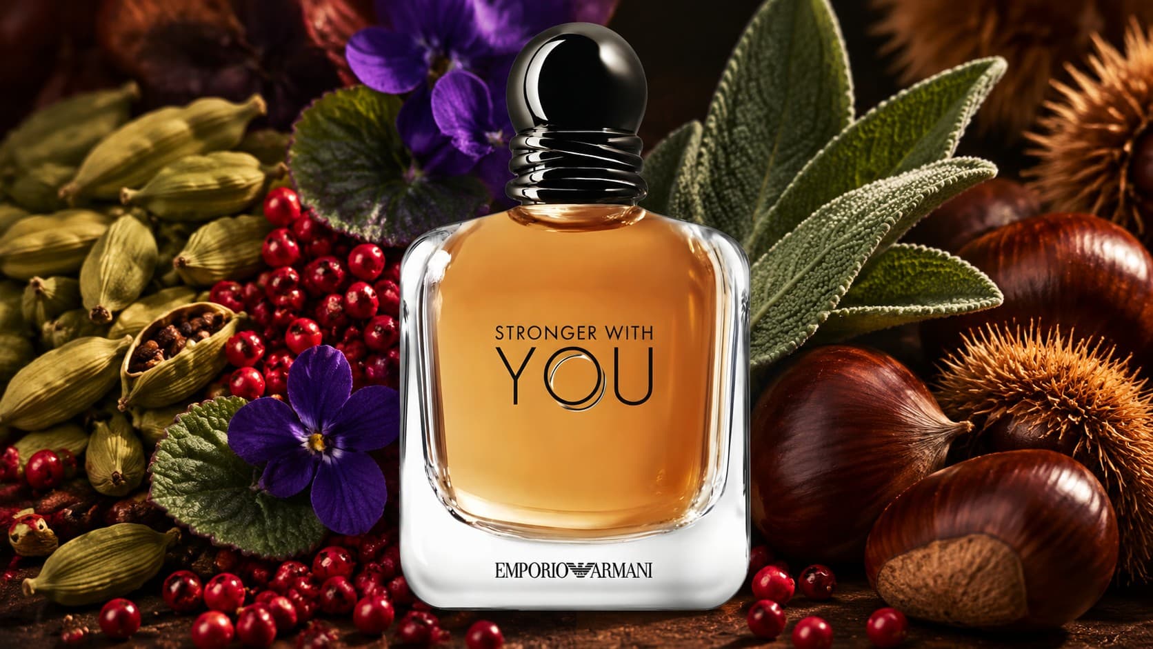Emporio Armani Stronger With You Eau de Toilette bottle with cardamom, pink pepper, and chestnut
