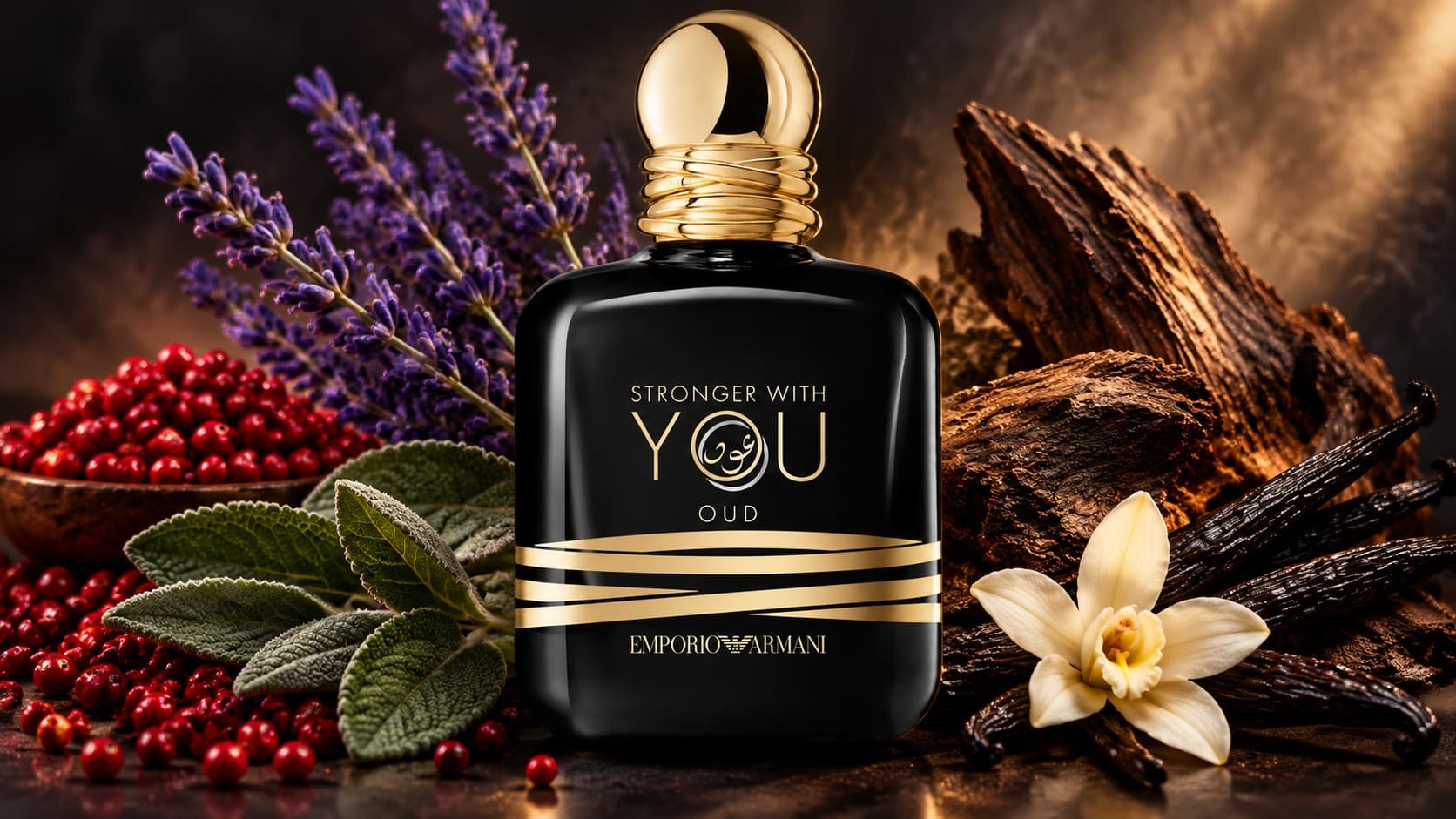 Emporio Armani Stronger With You Oud Eau de Parfum bottle with lavender, sage, and oud