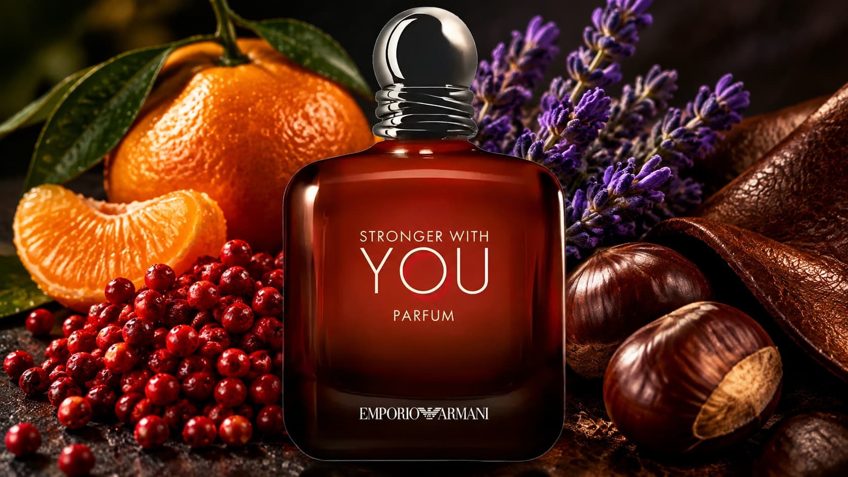 Emporio Armani Stronger With You Parfum bottle with pink pepper, mandarin, and leather