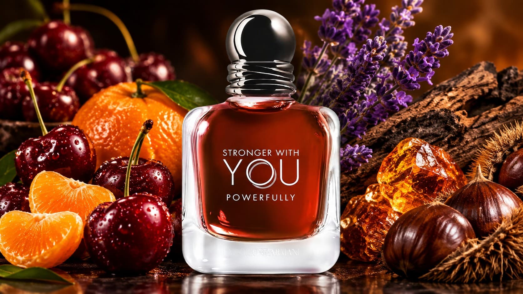 Emporio Armani Stronger With You Powerfully Eau de Parfum bottle with cherry, mandarin, and amberwood