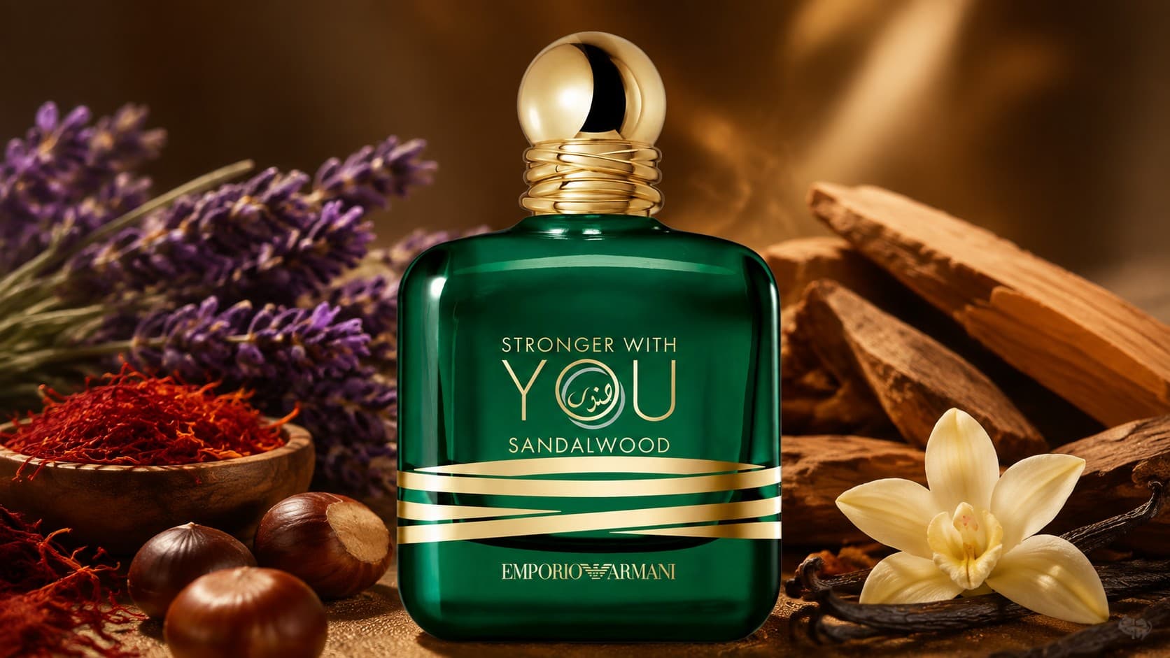 Emporio Armani Stronger With You Sandalwood Eau de Parfum bottle with saffron, lavender, and sandalwood