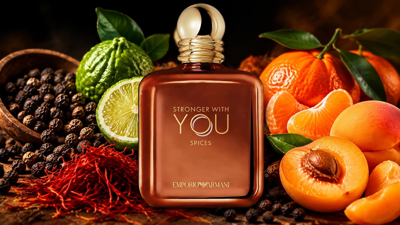 Emporio Armani Stronger With You Spices Eau de Parfum bottle with black pepper, saffron, and apricot