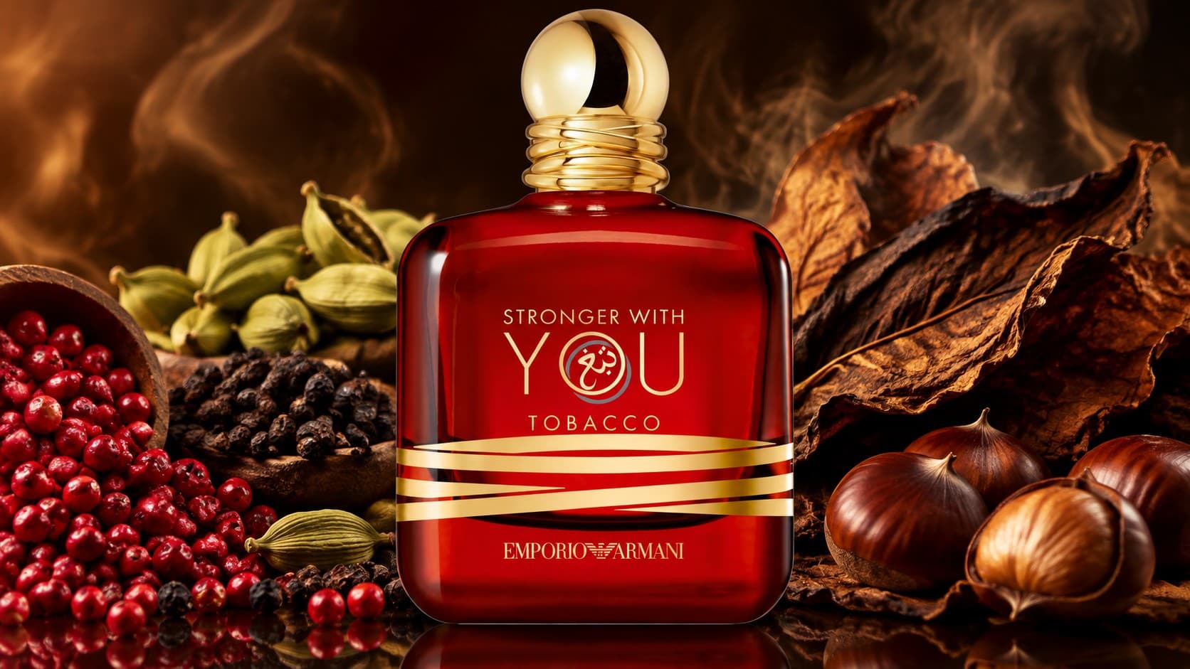 Emporio Armani Stronger With You Tobacco Eau de Parfum bottle with pink pepper, tobacco, and chestnut