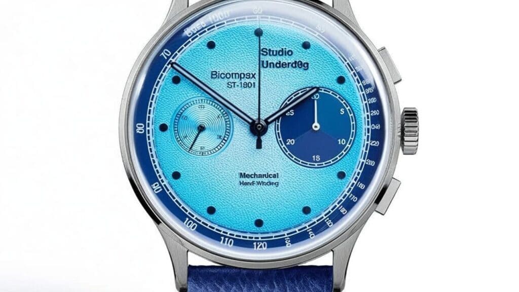 Studio Underd0g desert sky chronograph watch with vibrant blue dial and contrasting subdials showcasing the brand's colorful design philosophy