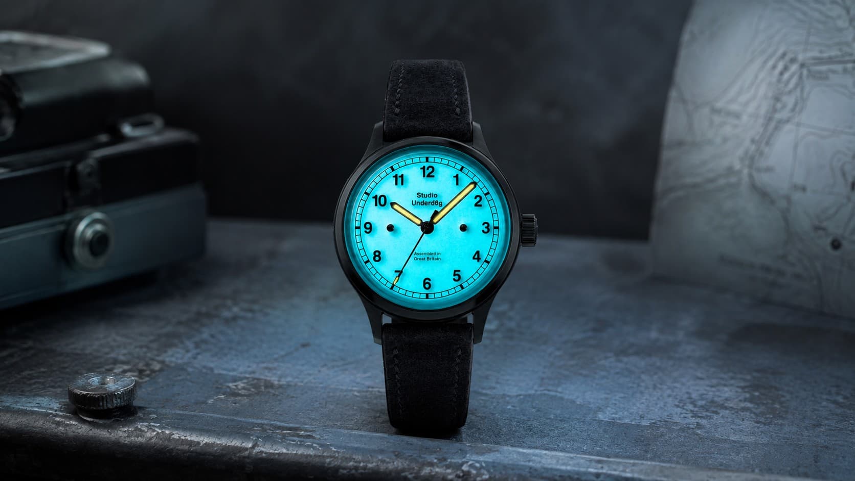 Studio Underd0g Steffany Blue 02Series field watch with a glowing blue luminous dial
