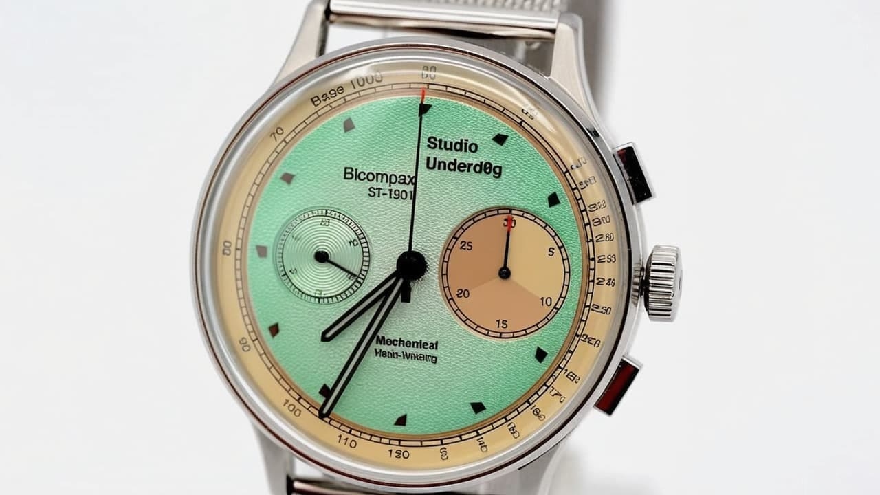 Studio Underd0g watermelon chronograph with textured green dial and pink subdial