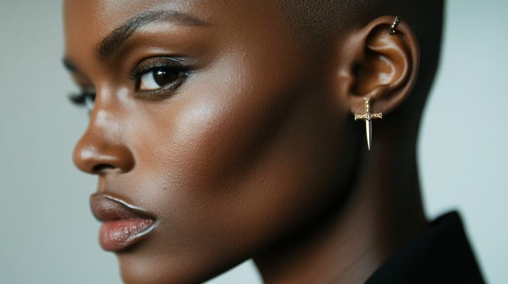 Stylish gold sword earring worn by a model, representing power, authority, and personal strength.